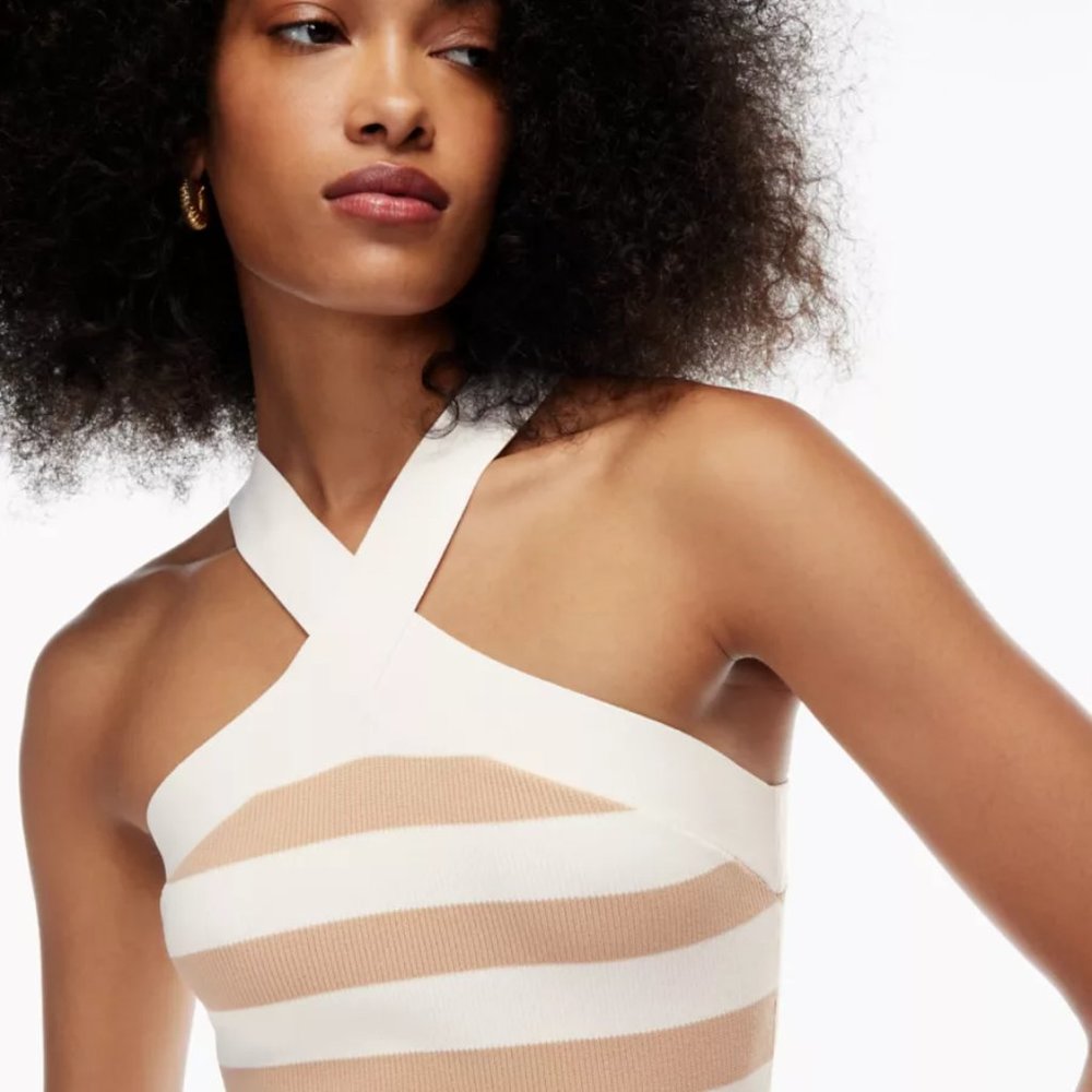 Aritzia Babaton sculpt knit criss cross crop tank top white beige stripe S